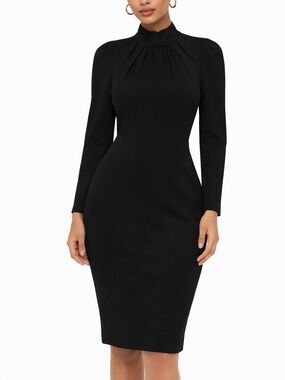 Calvin Klein Black High-Neck Long-Sleeve Midi Sheath Dress